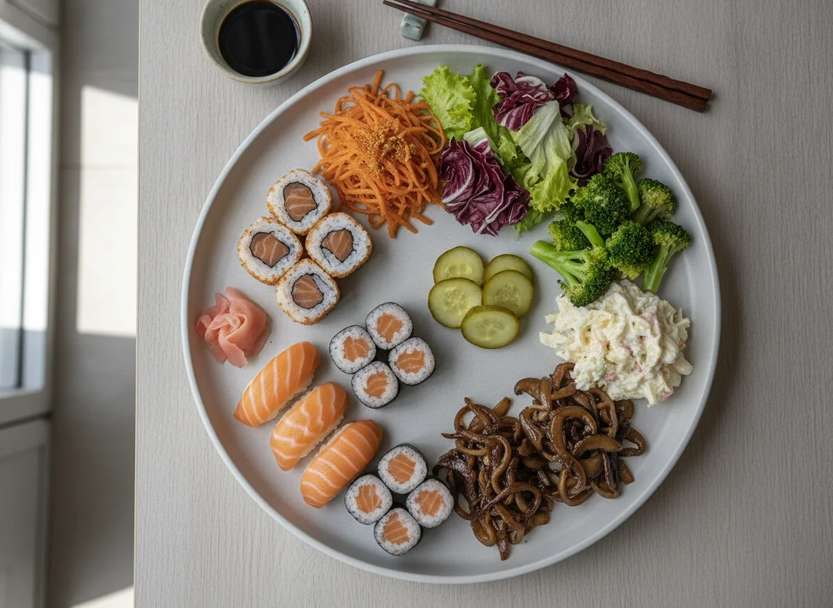 Prato variado com sushi e saladas photo