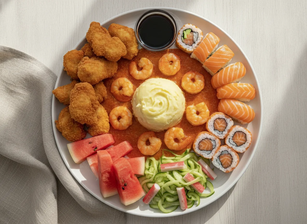Prato variado com sushi, empanados e camarão photo