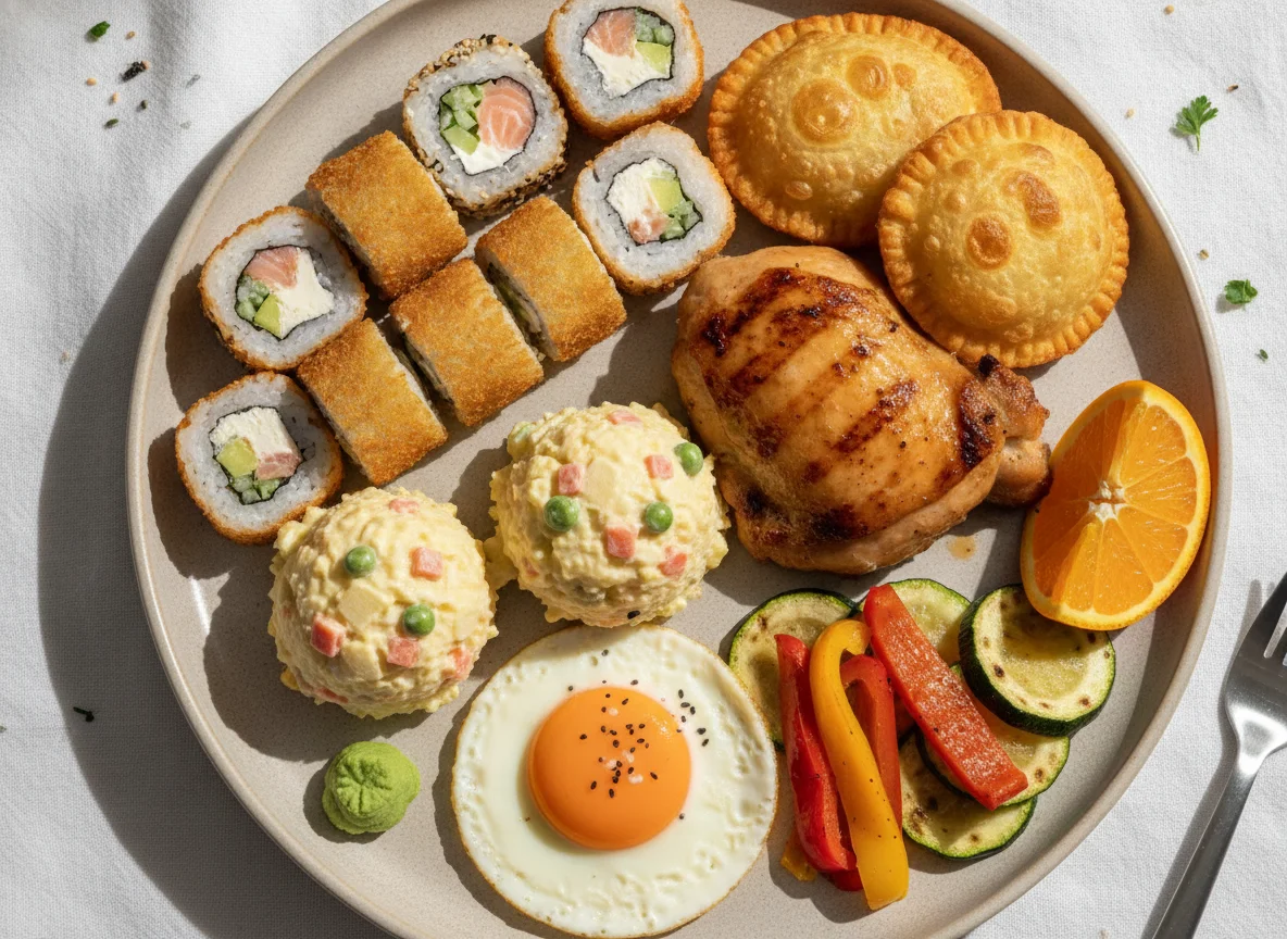 Prato variado com sushi, pastel e acompanhamentos photo