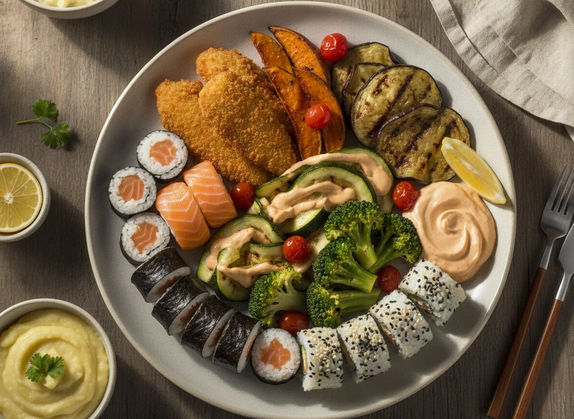 Prato variado com sushi, peixe empanado e vegetais photo