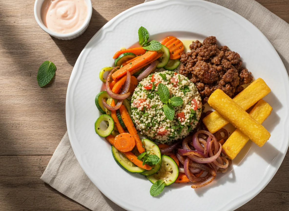Prato variado com tabule, carne moída e legumes photo