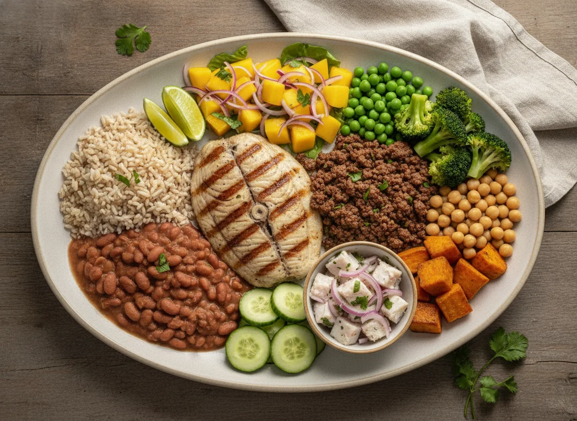 Prato variado com tilápia, carne moída e vegetais photo