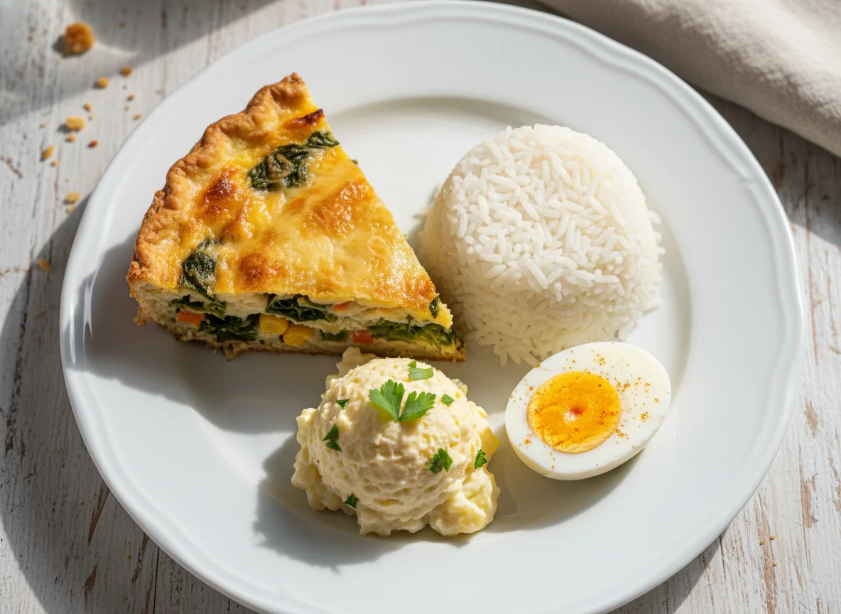 Prato variado com torta, arroz, salada de maionese e ovo cozido photo
