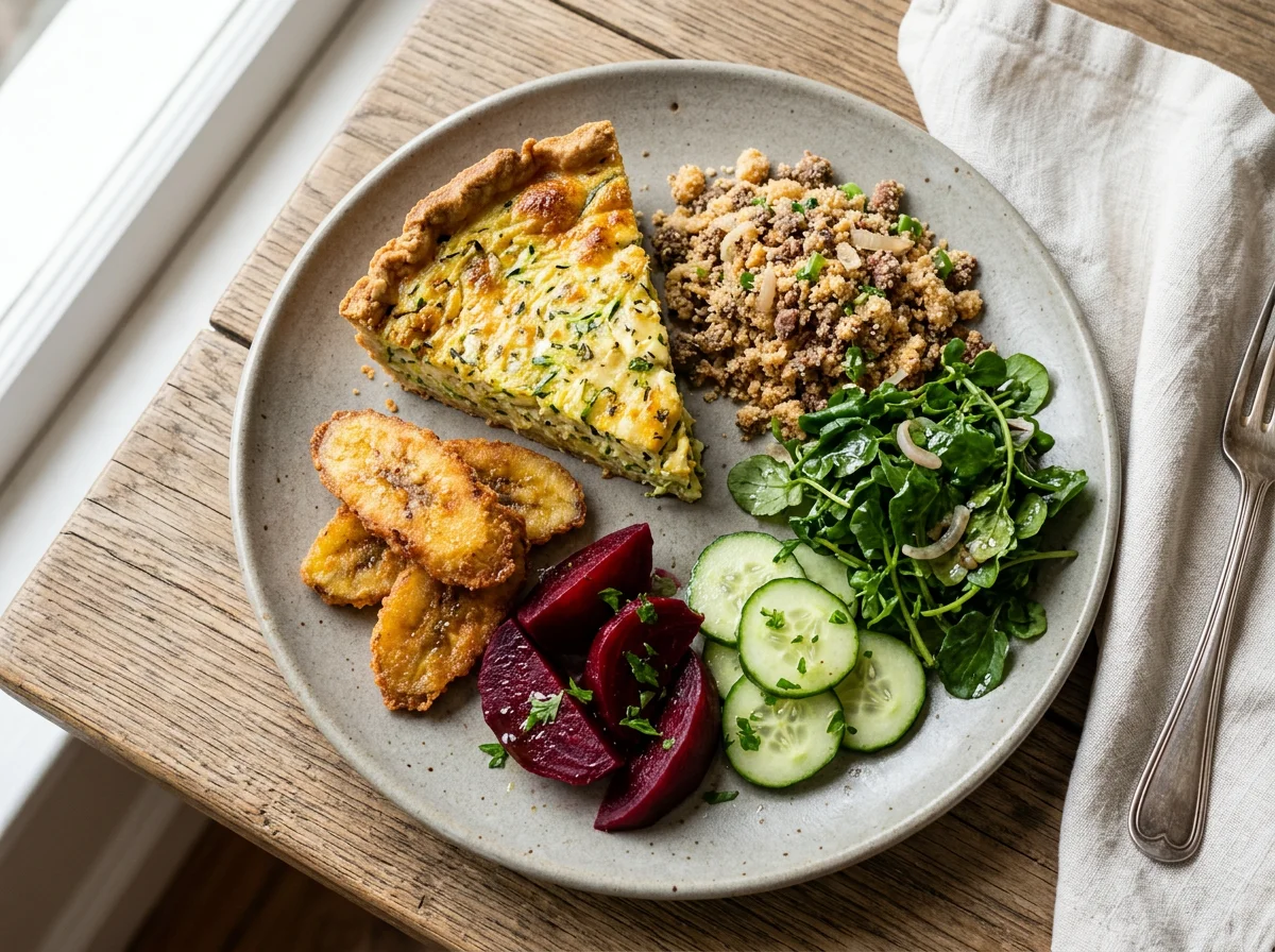 Prato variado com torta, farofa e salada photo