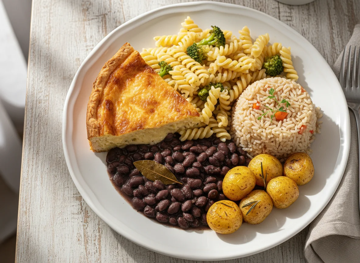Prato variado com torta, massa, feijão, arroz e batatas photo