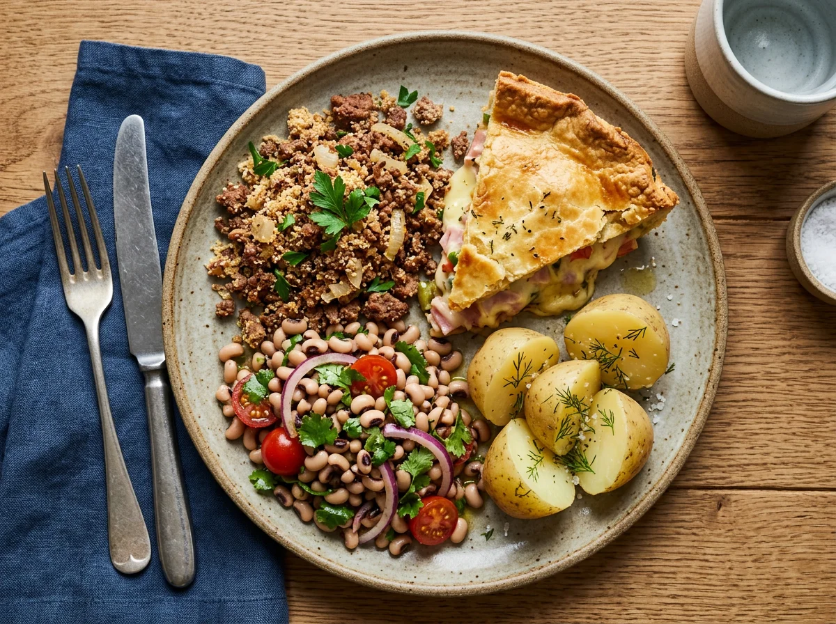 Prato variado com torta, salada e batatas photo