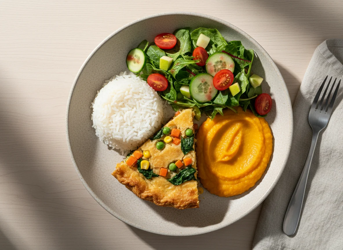 Prato variado com torta salgada, arroz e salada photo