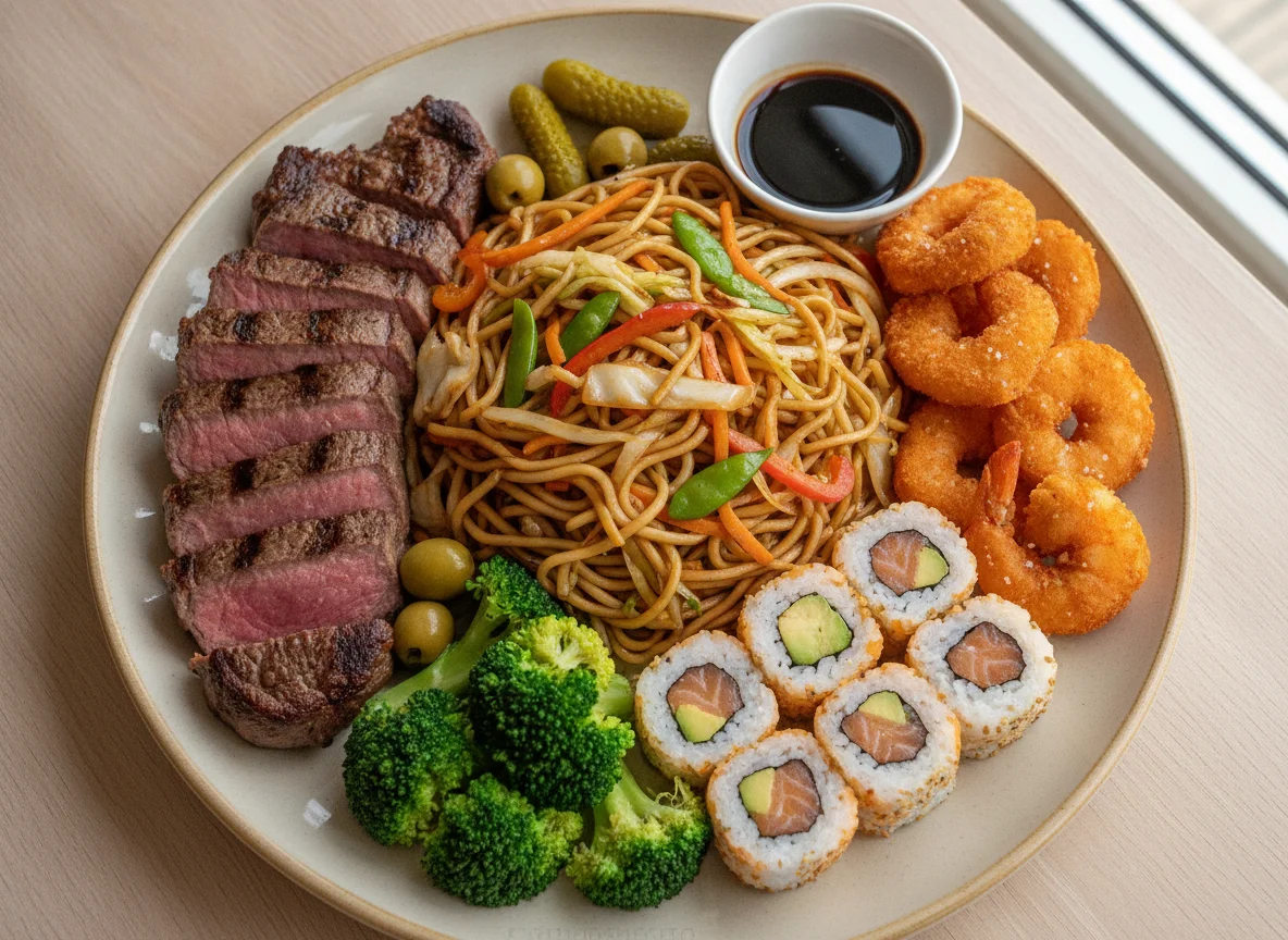 Prato variado com Yakisoba, Camarão e Carne photo