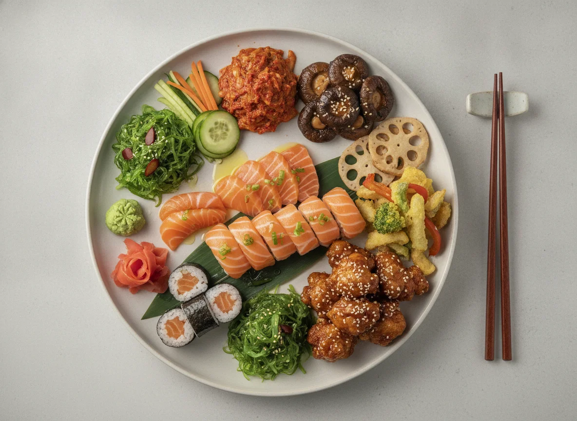 Prato Variado de Culinária Japonesa e Coreana photo