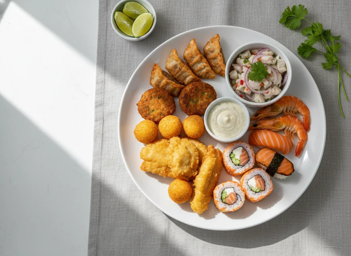 Prato variado de frutos do mar e asiáticos photo