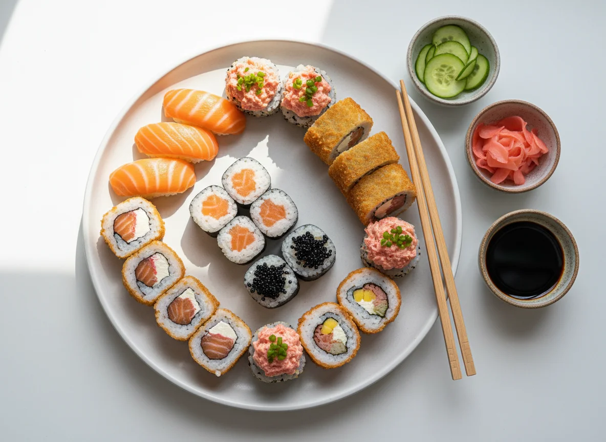 Prato variado de sushi e acompanhamentos photo