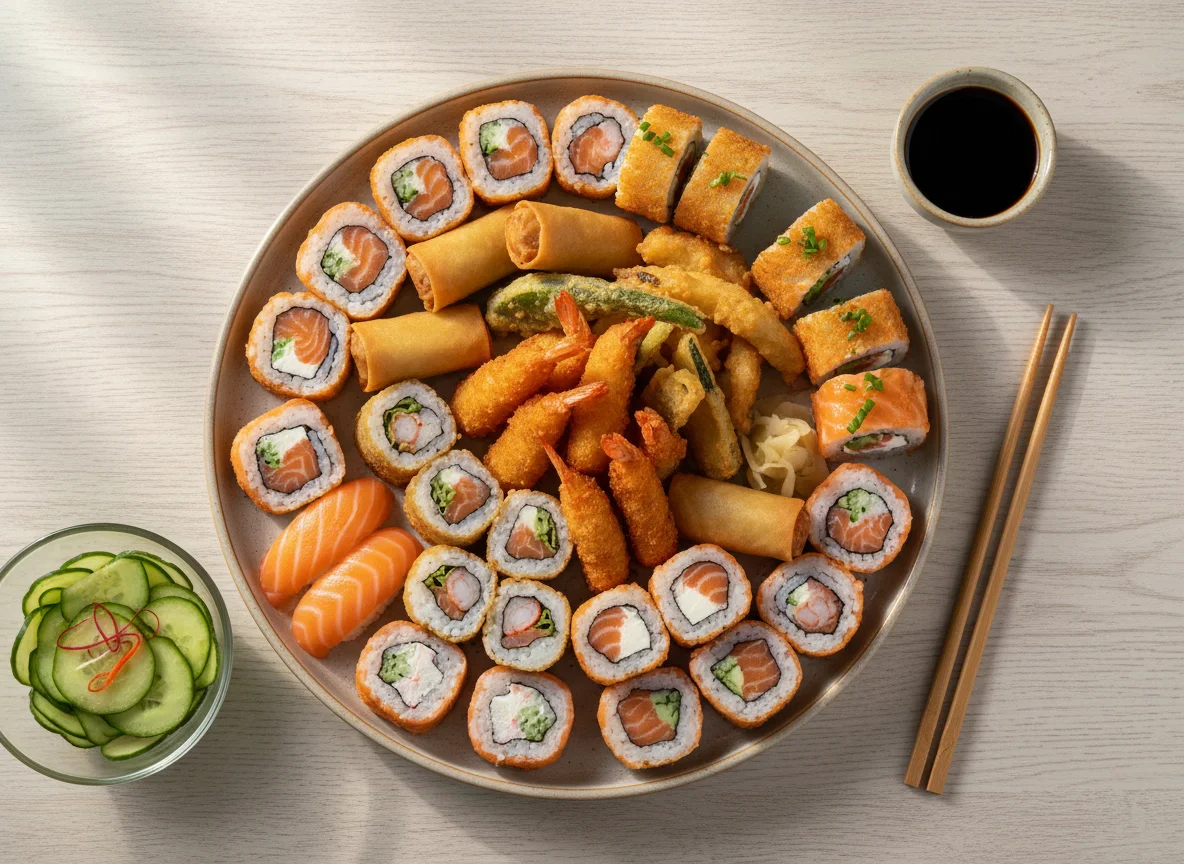 Prato variado de sushi e fritos photo