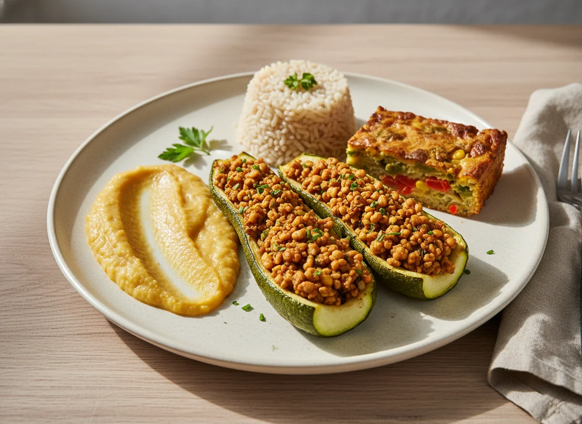 Prato Vegetariano com Abobrinha Recheada, Purê de Inhame e Arroz Integral photo