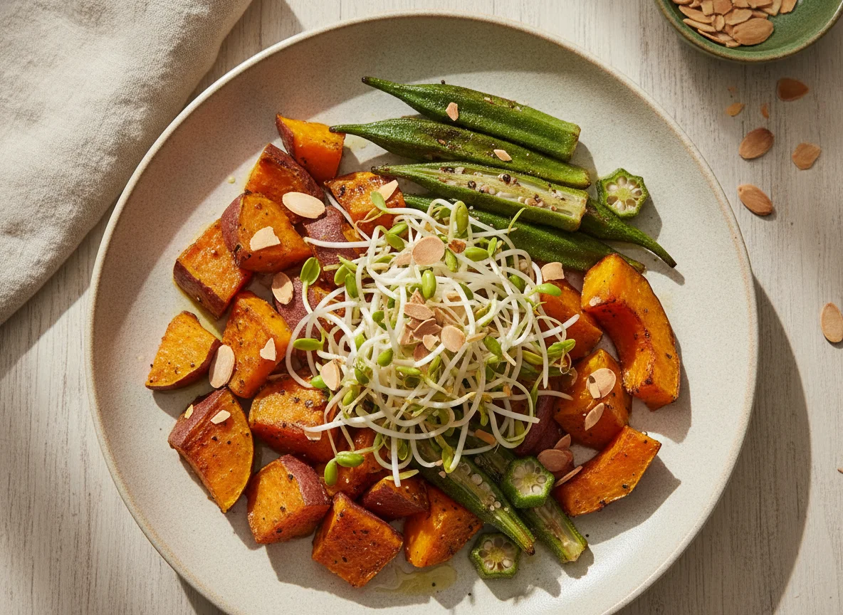 Prato vegetariano com batata doce, quiabo, abóbora e broto de feijão photo