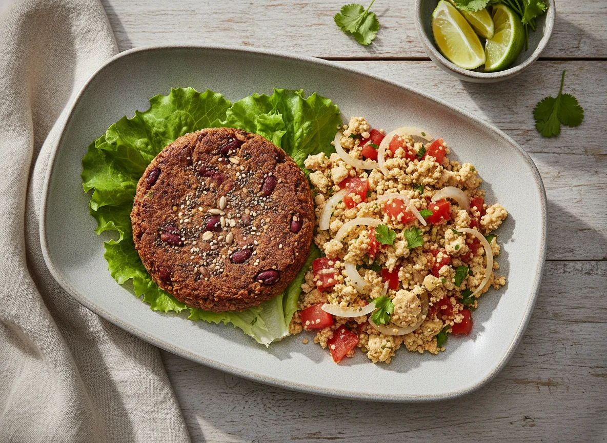 Prato vegetariano com hambúrguer de 7 grãos e tofu refogado photo