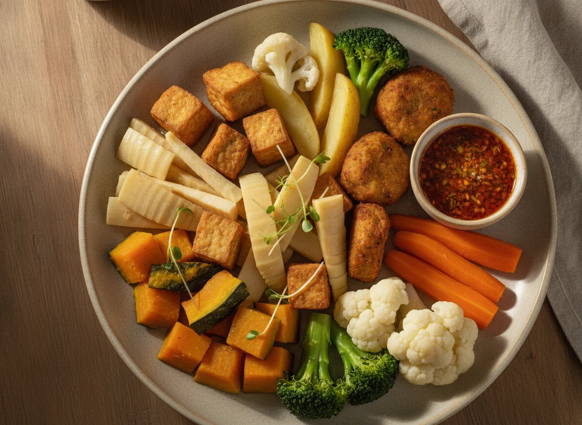 Prato vegetariano com tofu frito, legumes e broto de bambu photo
