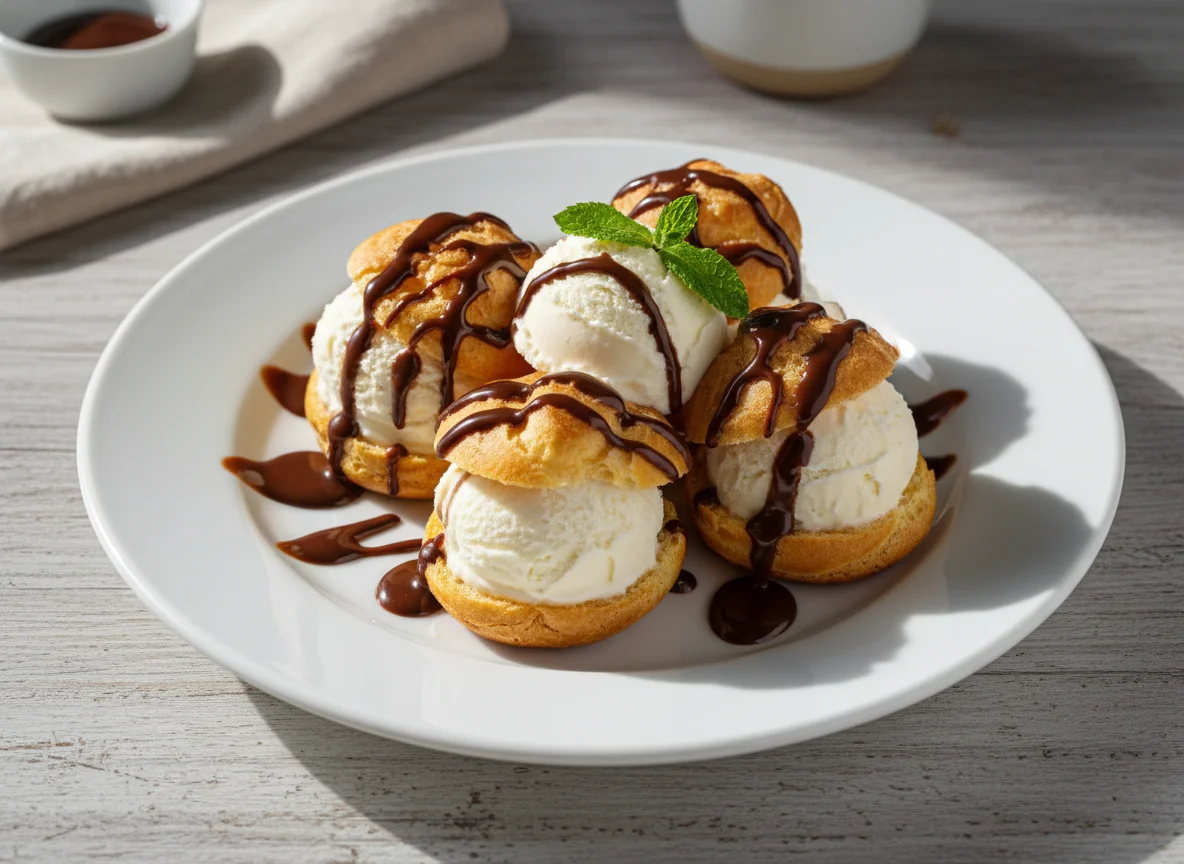 Profiteroles com Sorvete e Calda de Chocolate photo