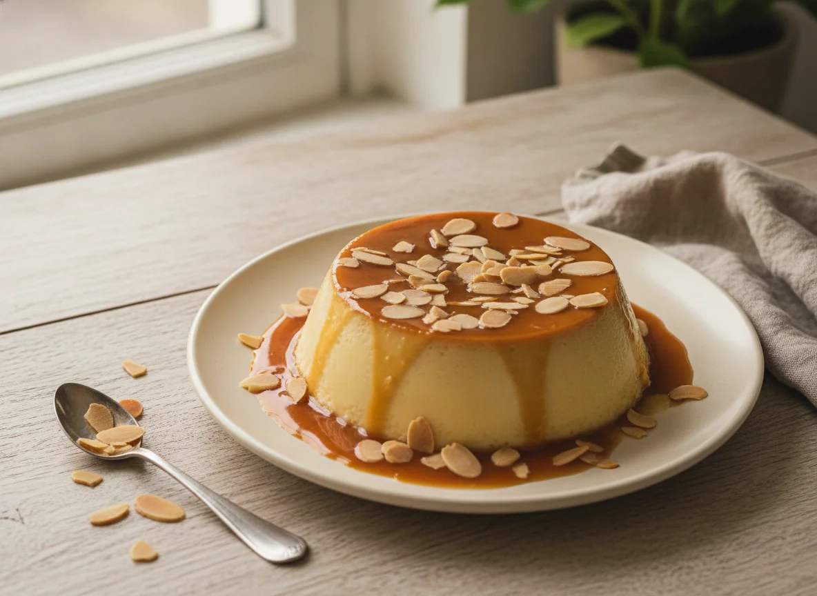 Pudim com calda de caramelo e amêndoas photo