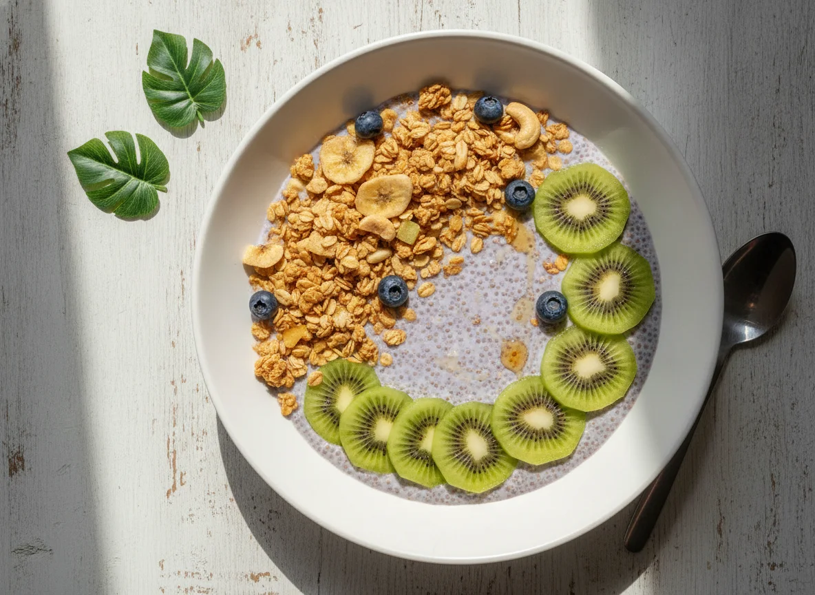 Pudim de chia com granola e kiwi photo