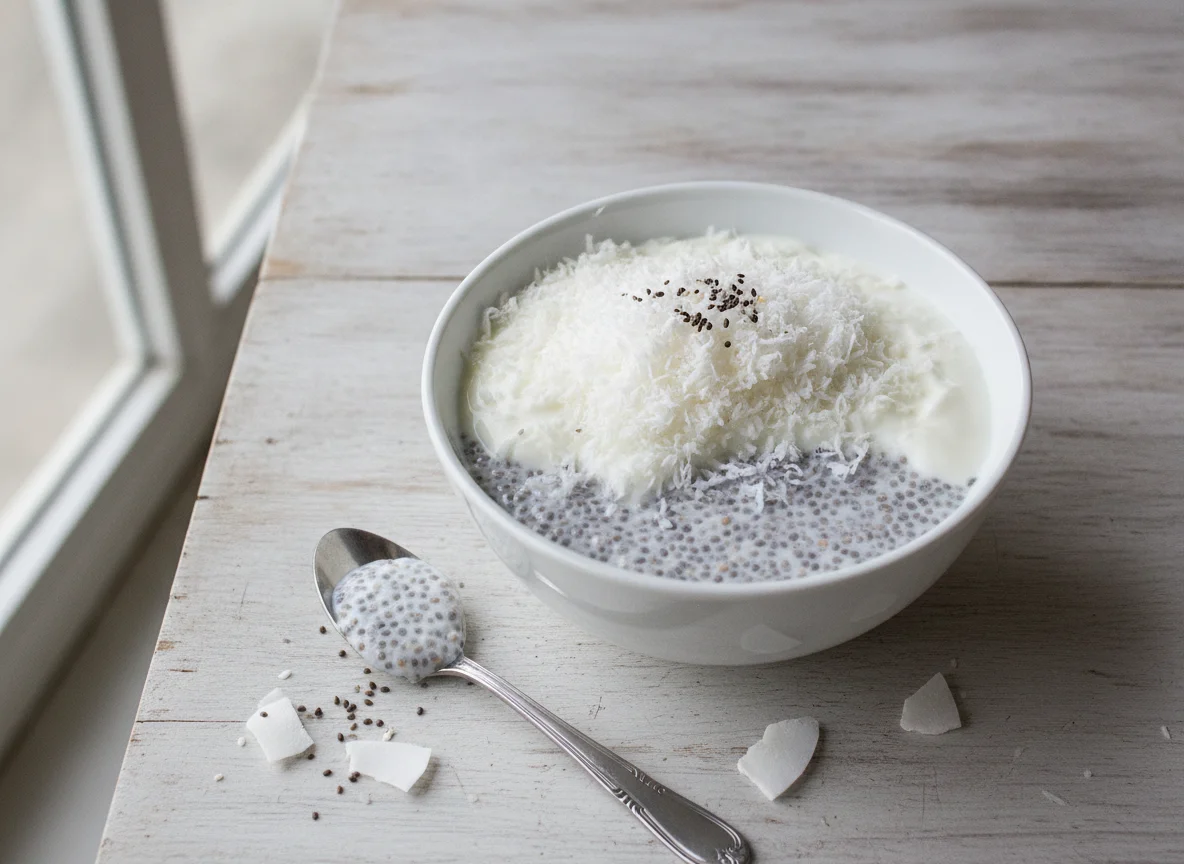 Pudim de chia com iogurte e coco ralado photo