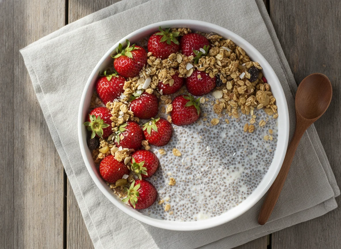 Pudim de chia com morangos e granola photo