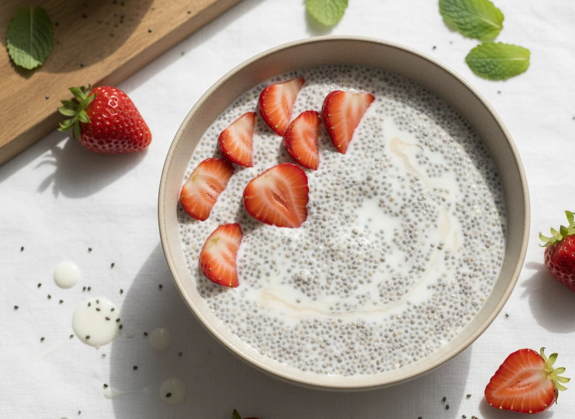 Pudim de chia com morangos e leite photo