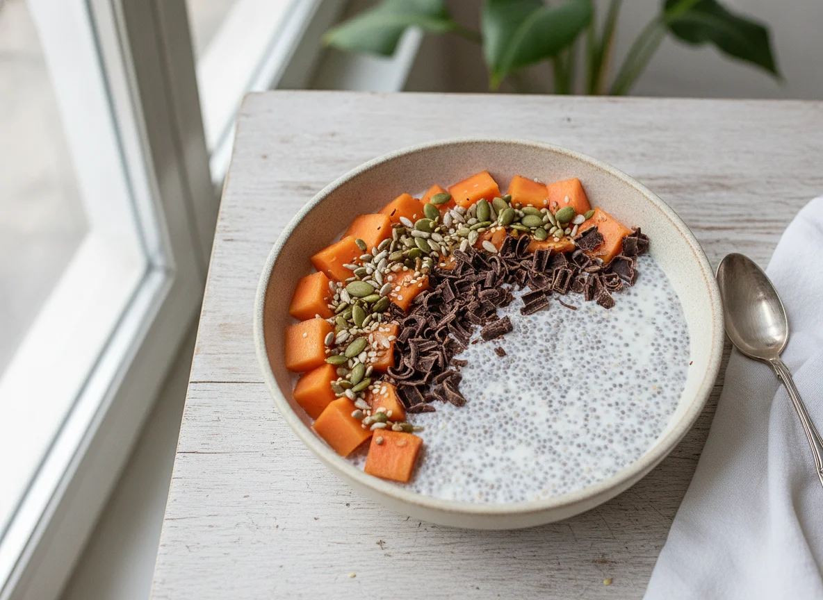 Pudim de Chia com Papaia e Chocolate Negro photo