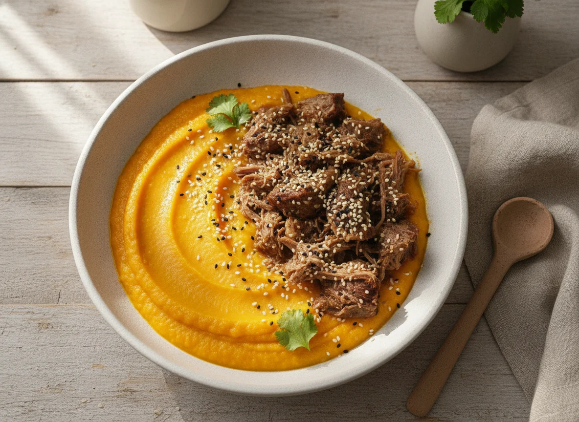 Purê de abóbora com carne e gergelim photo