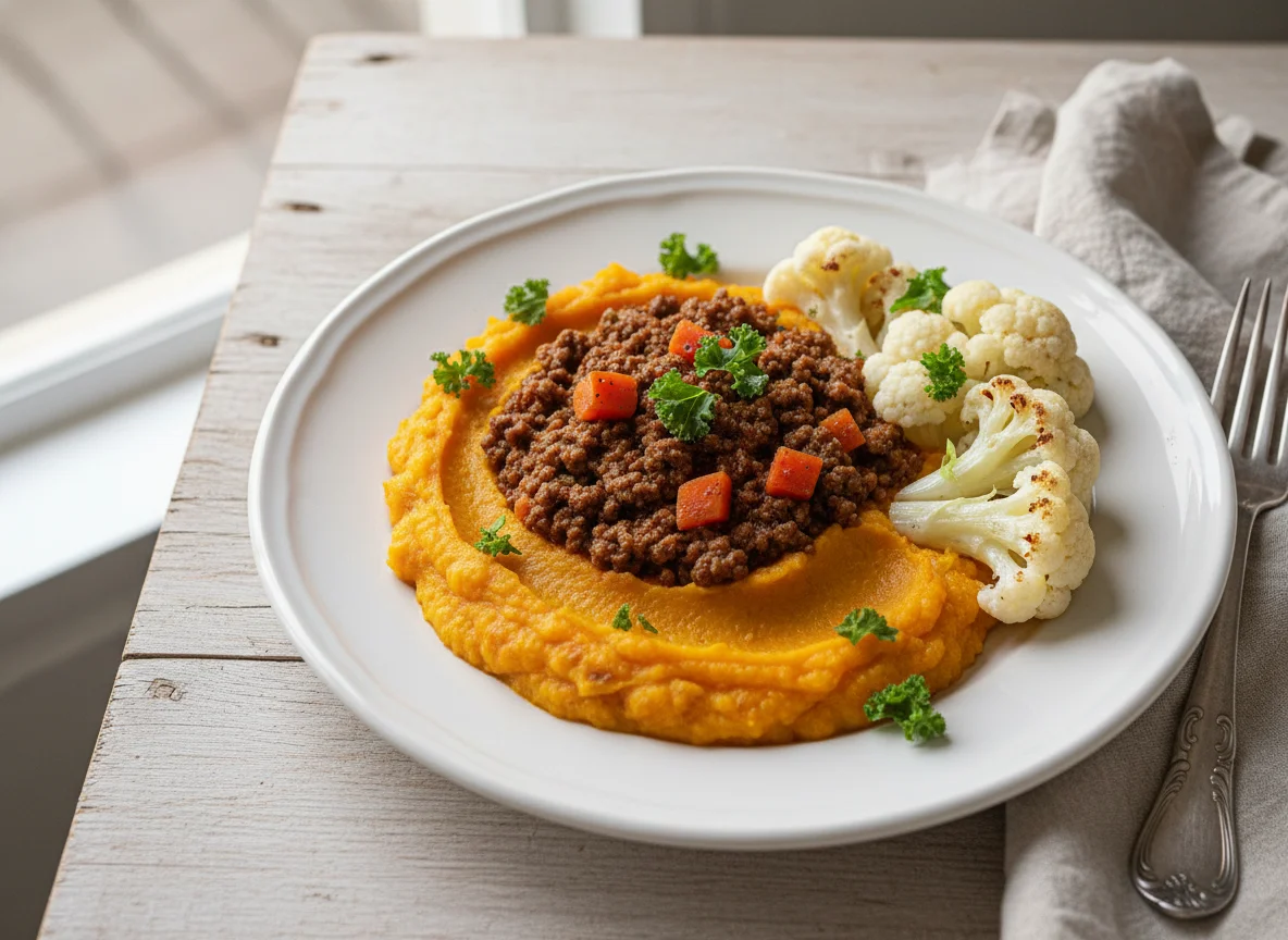 Purê de abóbora com carne moída e couve-flor photo