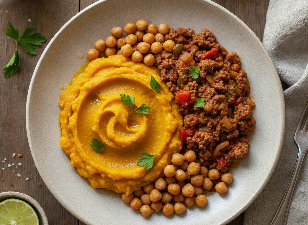 Purê de abóbora com carne moída e grão de bico photo