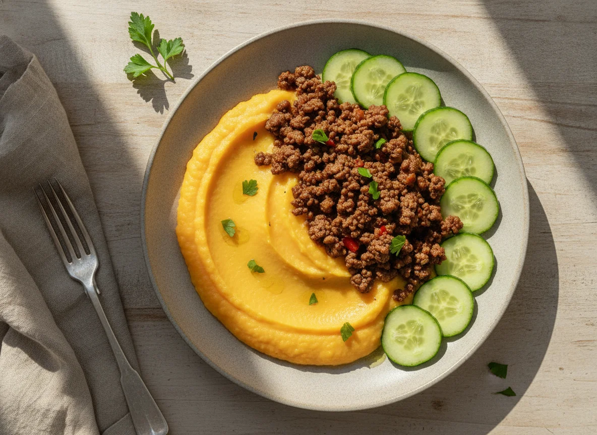 Purê de Abóbora com Carne Moída e Pepino photo