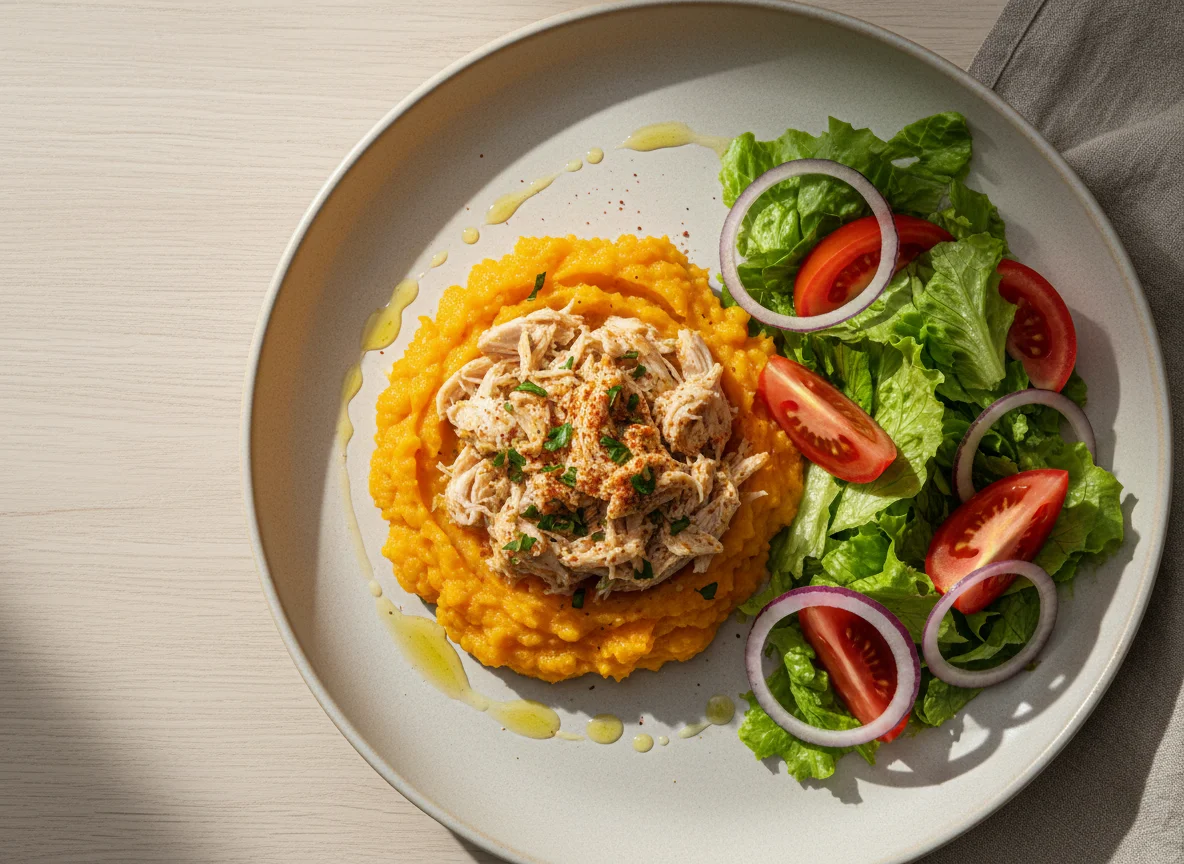 Purê de abóbora com frango desfiado e salada photo