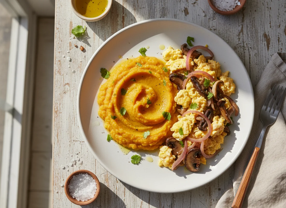 Purê de abóbora com ovos mexidos e cogumelos photo