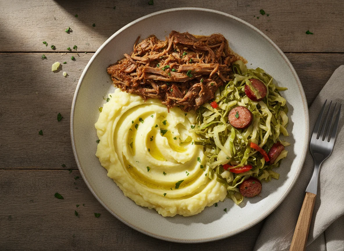 Purê de batata com carne desfiada e repolho photo