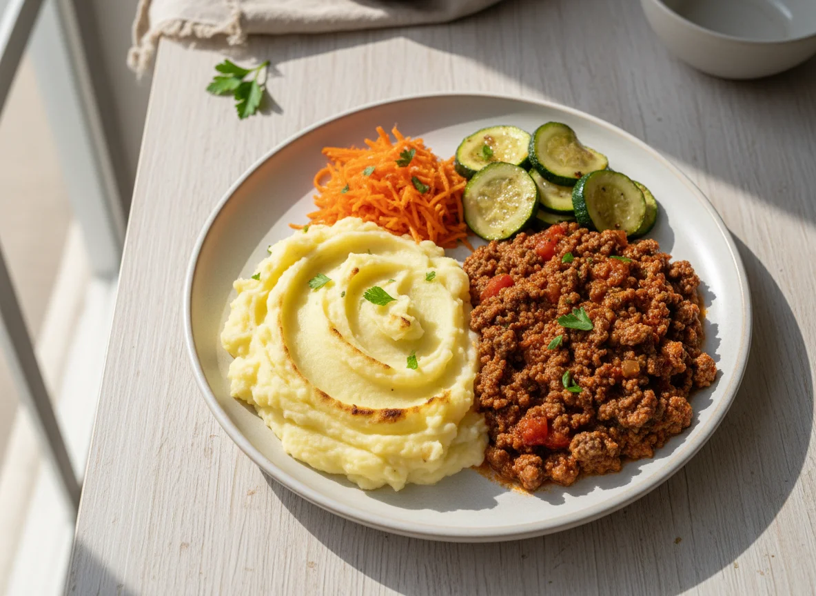 Purê de batata com carne moída e acompanhamentos photo
