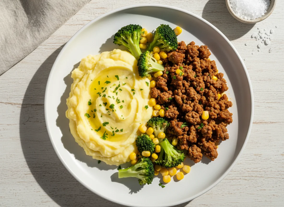 Purê de batata com carne moída e brócolis photo