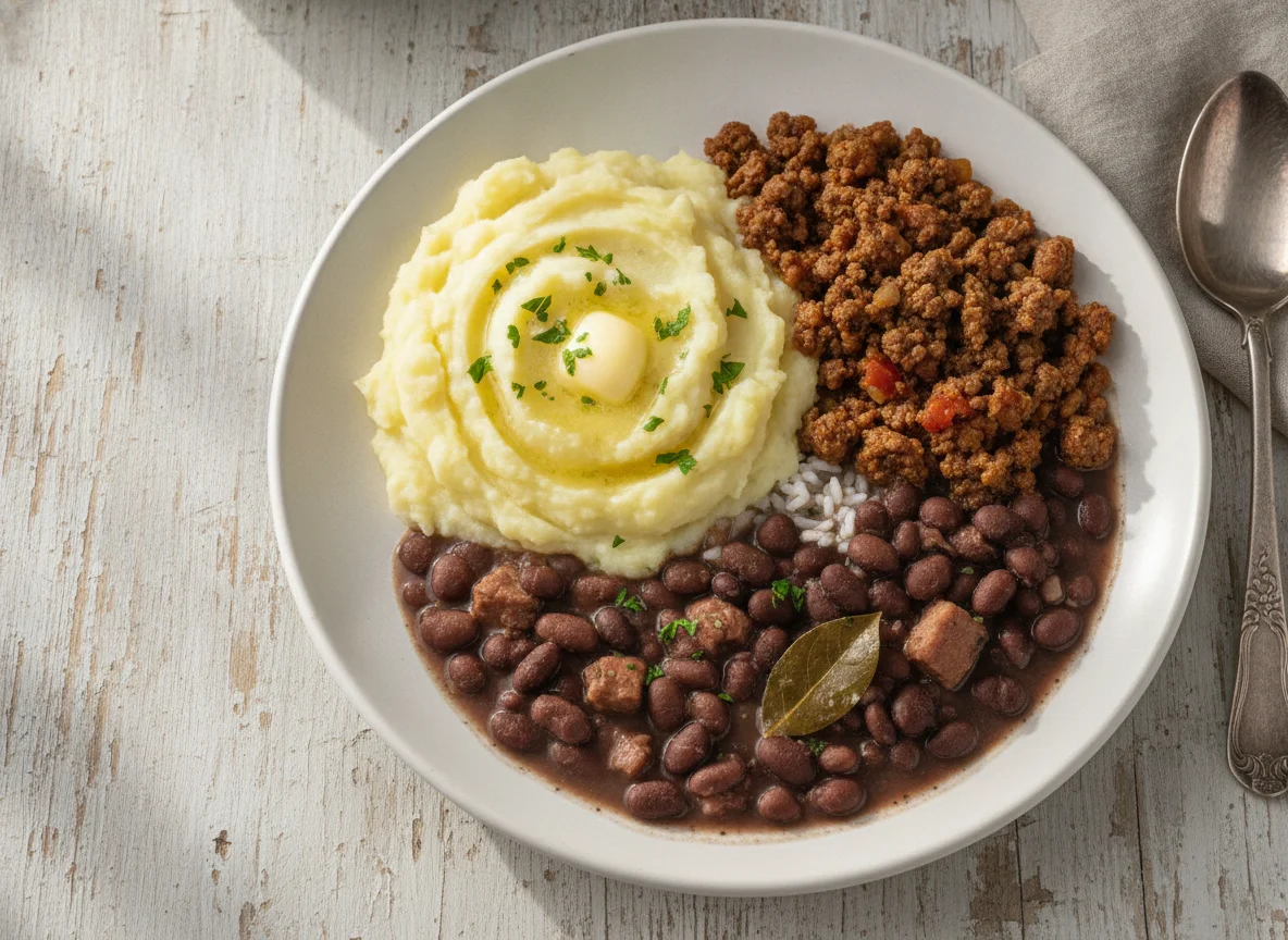 Purê de batata com carne moída e feijão photo