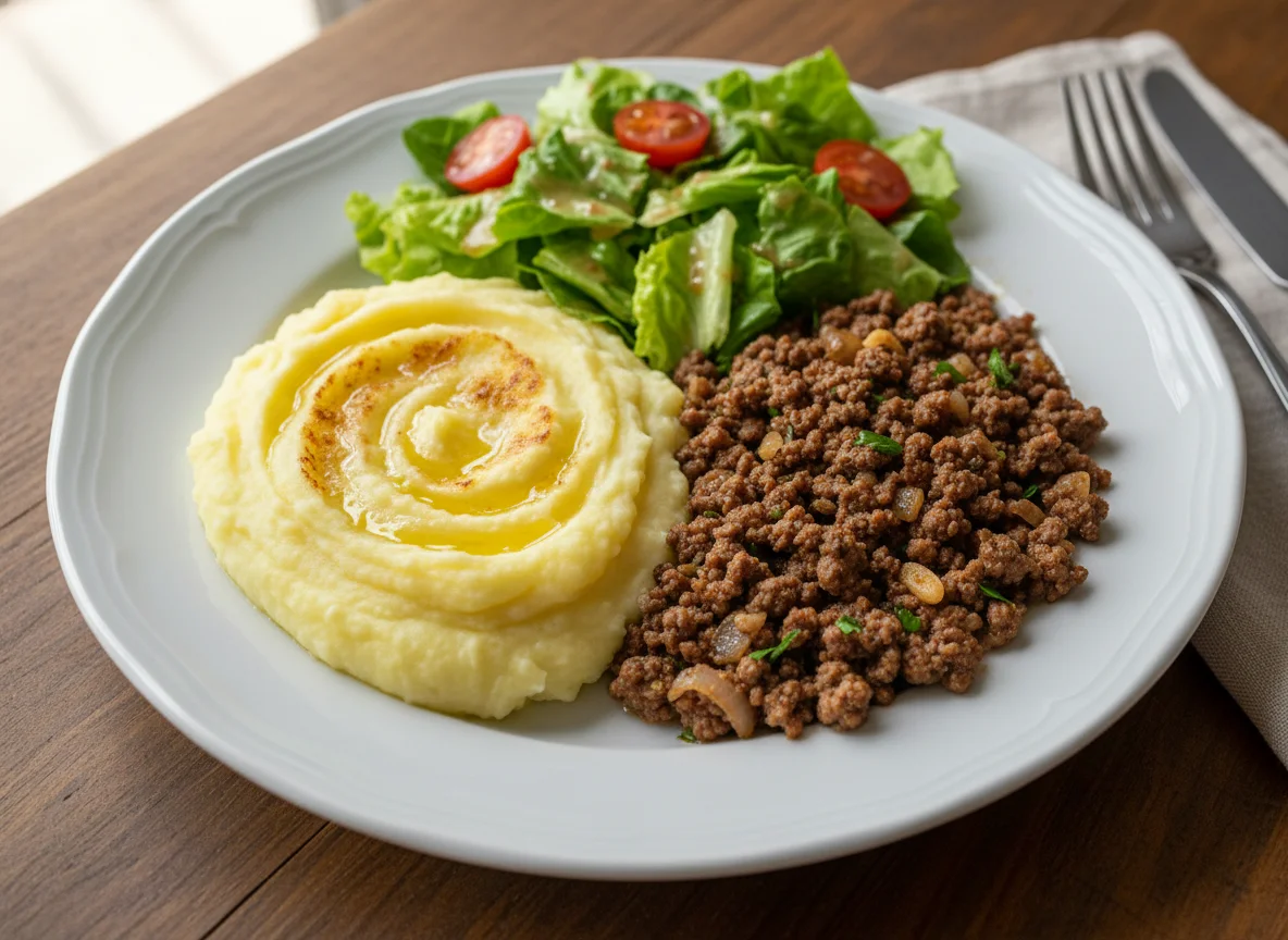 Purê de batata com carne moída e salada photo