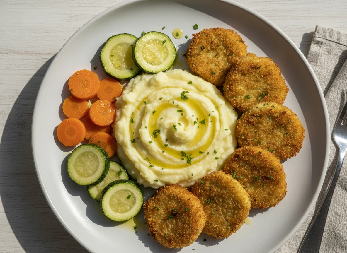 Purê de batata com empanados e legumes photo