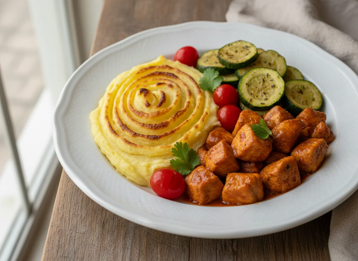 Purê de batata com frango ao molho e abobrinha photo