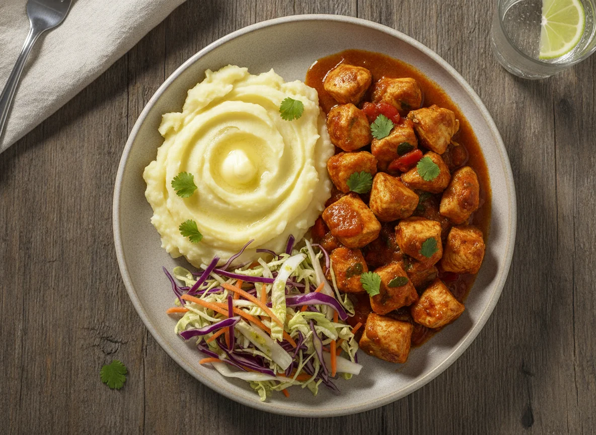 Purê de batata com frango ao molho e salada de repolho e cenoura photo
