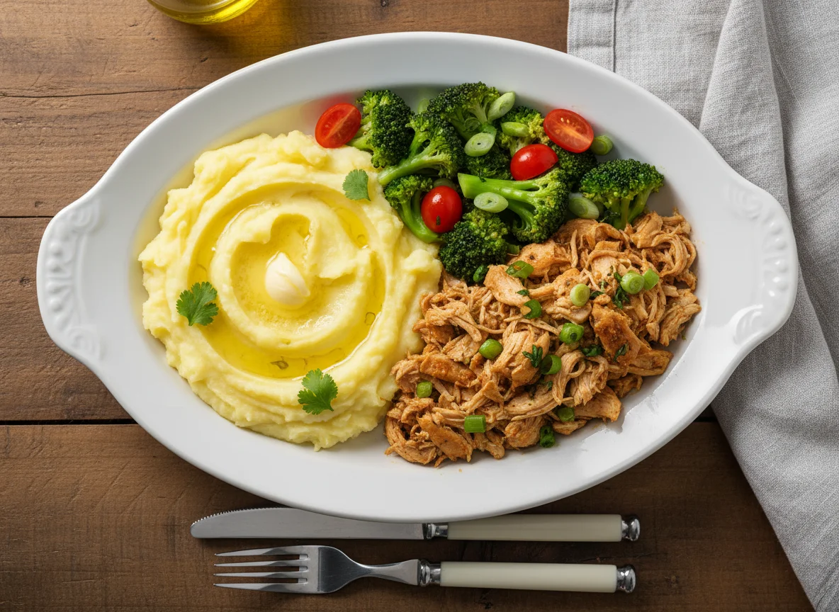 Purê de batata com frango desfiado e brócolis com tomate photo