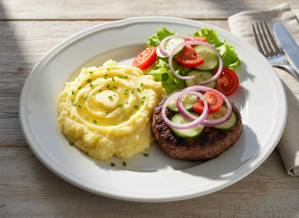 Purê de batata com hambúrguer e salada photo