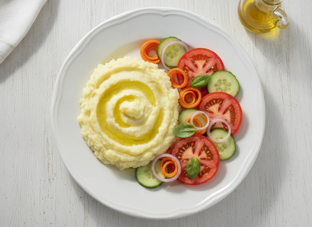 Purê de batata com salada de tomate, pepino e cenoura photo