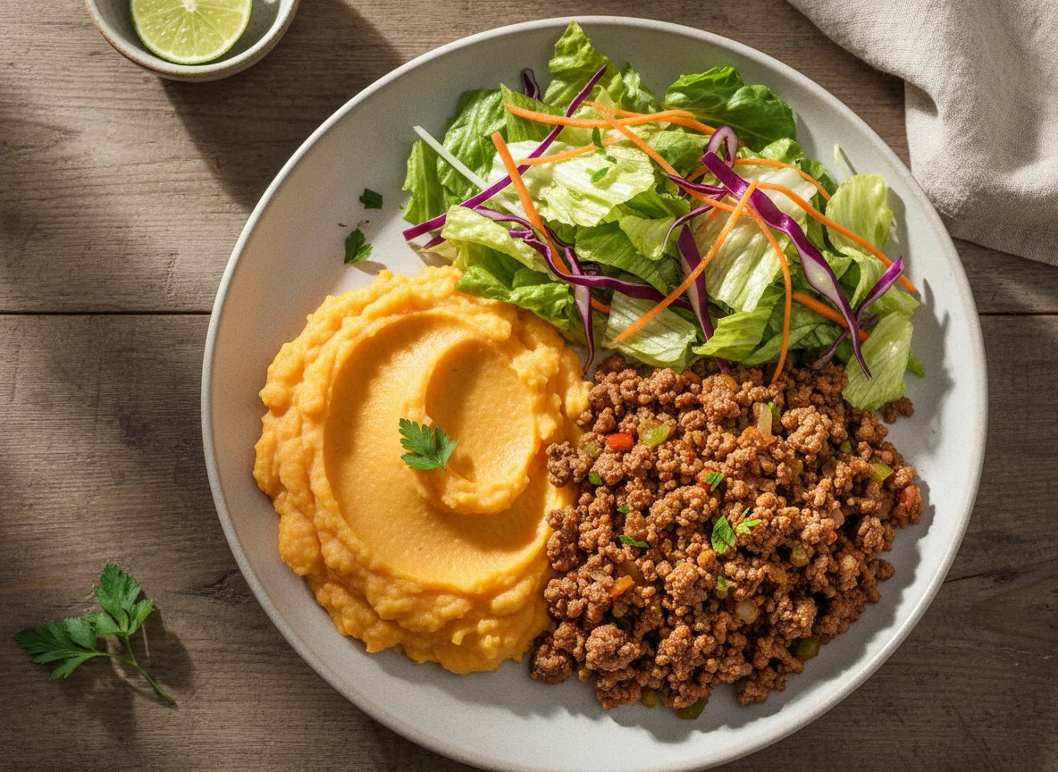 Purê de batata doce com carne moída e salada photo