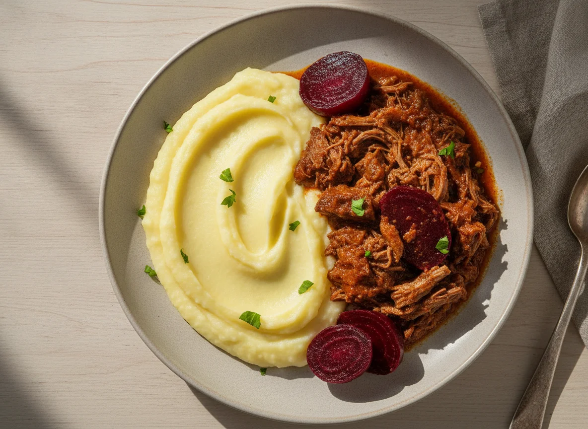 Purê de Batatas com Ensopado de Carne e Beterraba photo
