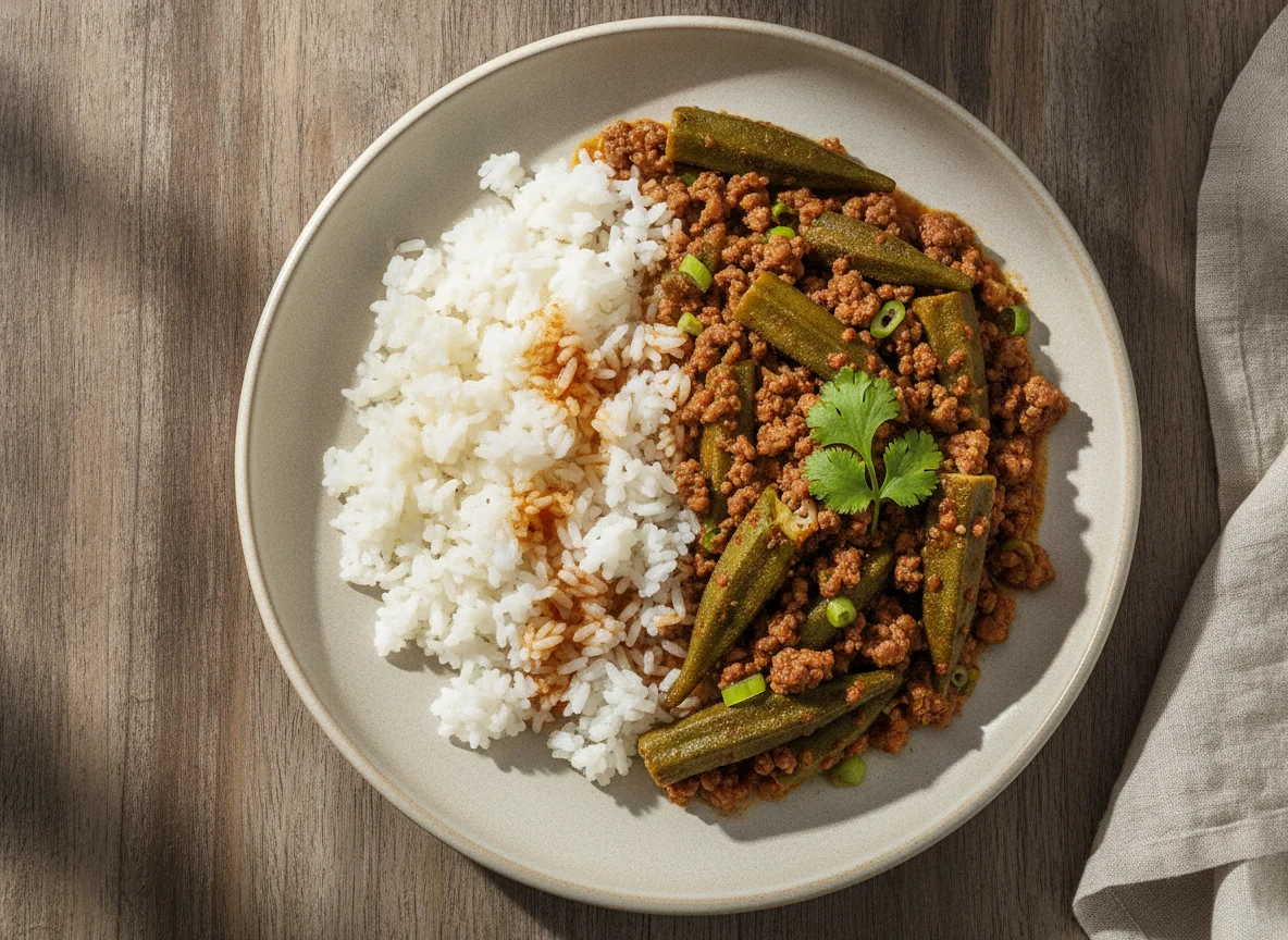 Quiabo com Carne Moída e Arroz photo