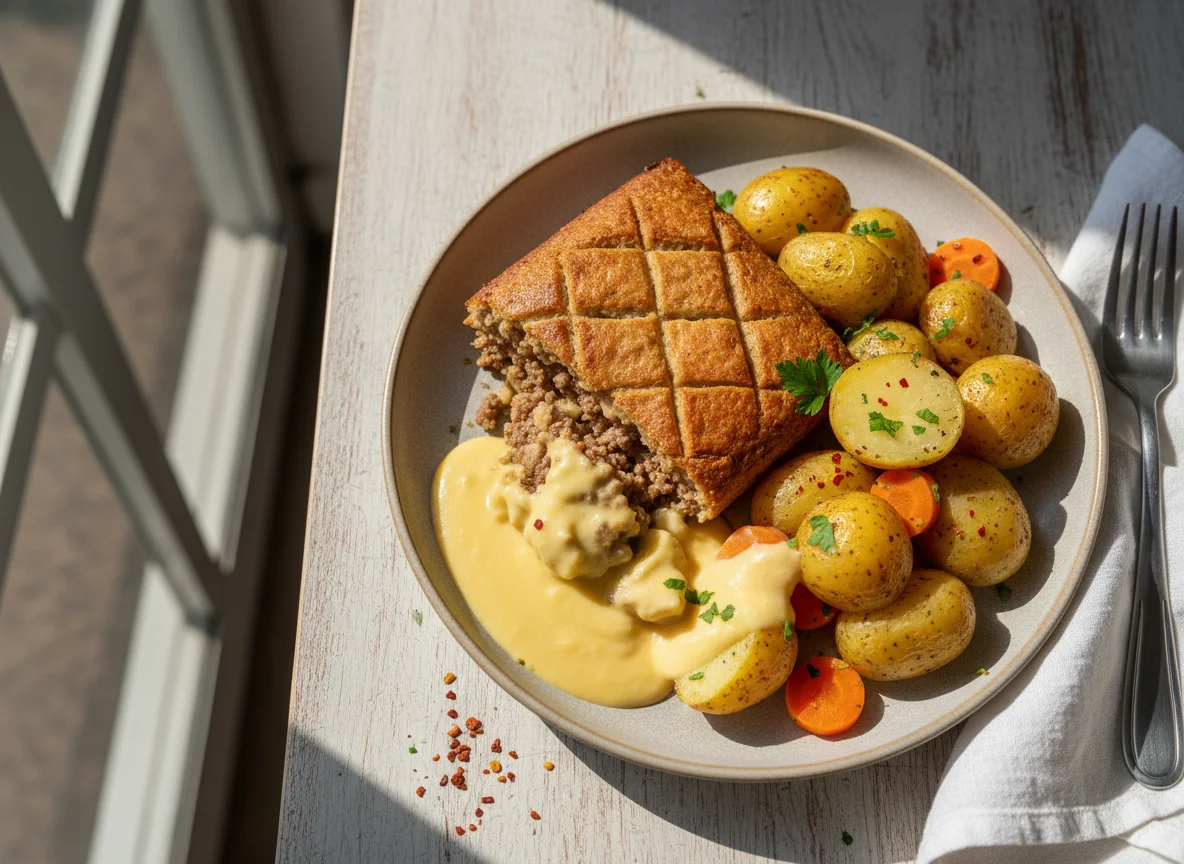 Quibe assado com batatas e molho de queijo photo