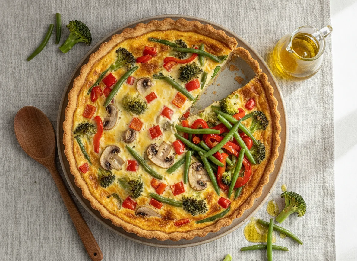 Quiche de legumes com salada de feijão verde e brócolos photo