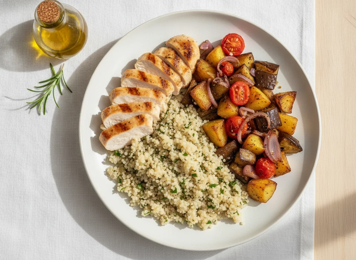 Quinoa com Frango, Batata e Beringela Assada photo